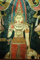 Wandgemälde an den Wänden des Kelaniya-Tempels im Kelaniya Vihara, einer der heiligsten buddhistischen Stätten etwa sechs Meilen von der Hauptstadt Colombo, Sri Lanka. 7. Januar 2010